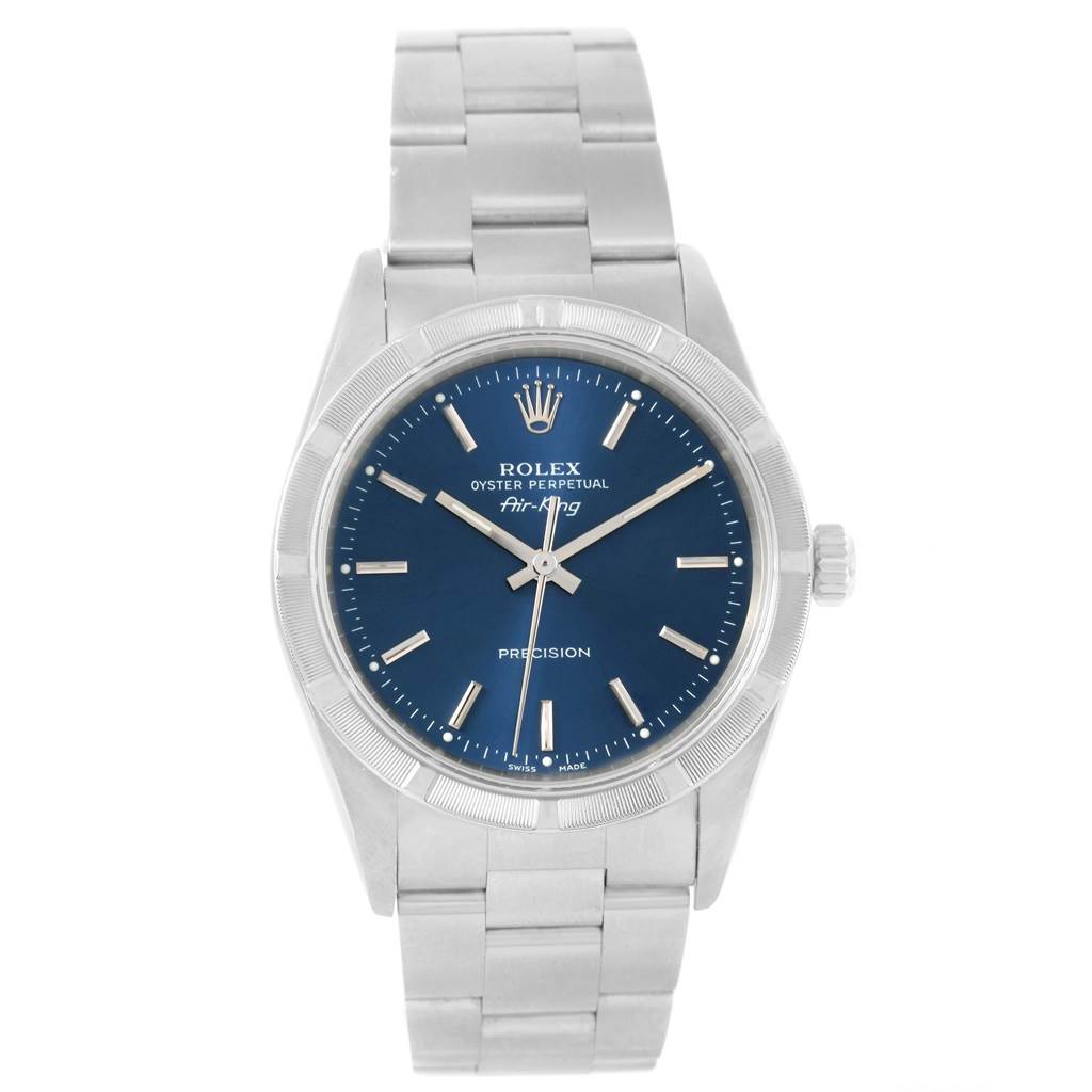 This image shows a front view of a Rolex Air-King 14010 Men's Stainless Steel Blue Dial 14010 Men's Stainless Steel Blue Dial watch, highlighting its blue dial, stainless steel case, and bracelet.