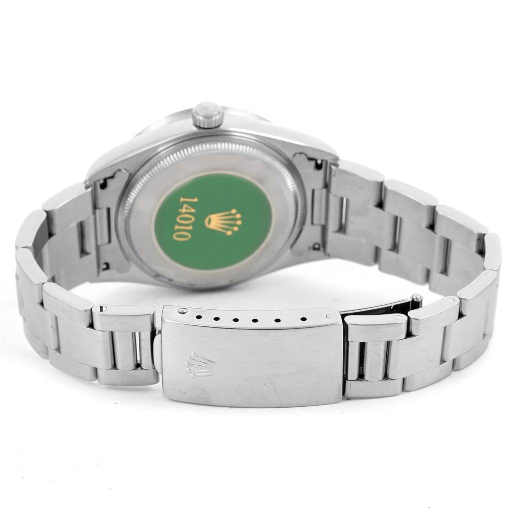 The image shows the back and clasp of a Rolex Air-King 14010 Men's Stainless Steel Blue Dial 14010 Men's Stainless Steel Blue Dial watch, displaying the caseback and bracelet.