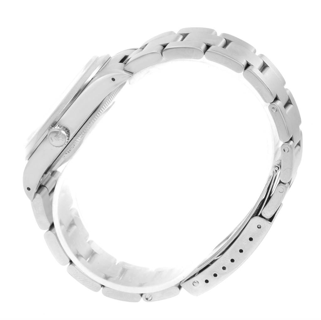 This image shows a side profile of the Rolex Air-King 14000 Men's Stainless Steel Silver Dial 14000 Men's Stainless Steel Silver Dial watch, highlighting the bracelet, clasp, case, and crown.