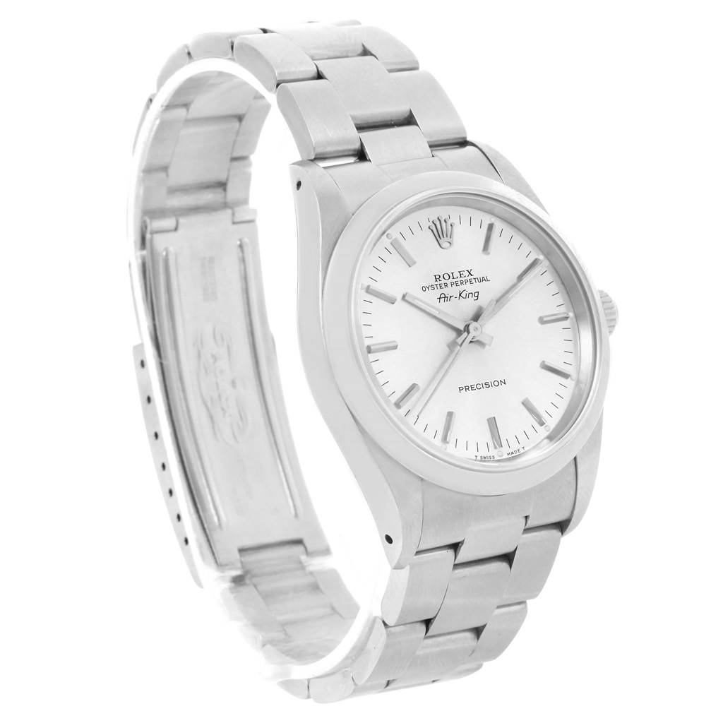 This image shows a side view of a Rolex Air-King 14000 Men's Stainless Steel Silver Dial 14000 Men's Stainless Steel Silver Dial watch, displaying the face, bezel, crown, and part of the bracelet.