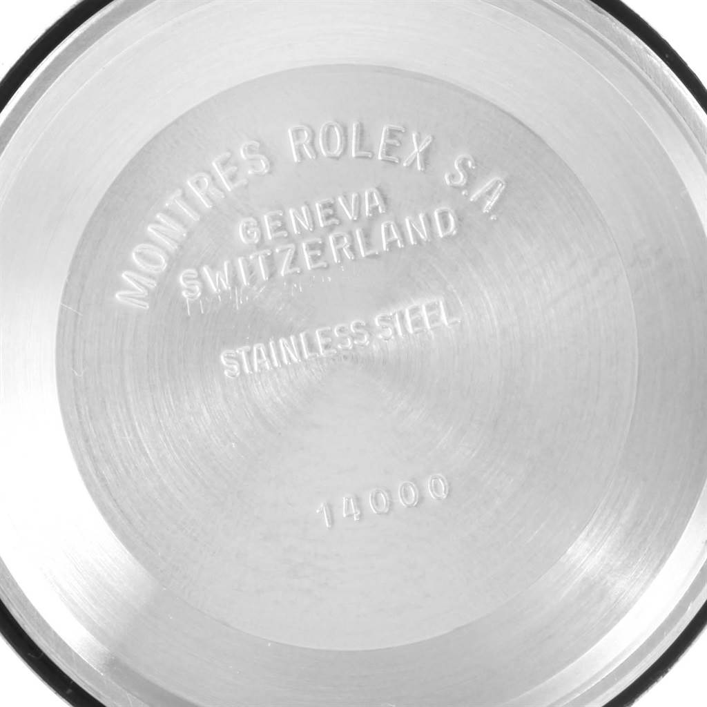 This image shows the inner side of the case back of a Rolex Air-King 14000 Men's Stainless Steel Silver Dial 14000 Men's Stainless Steel Silver Dial watch, featuring engraved details.