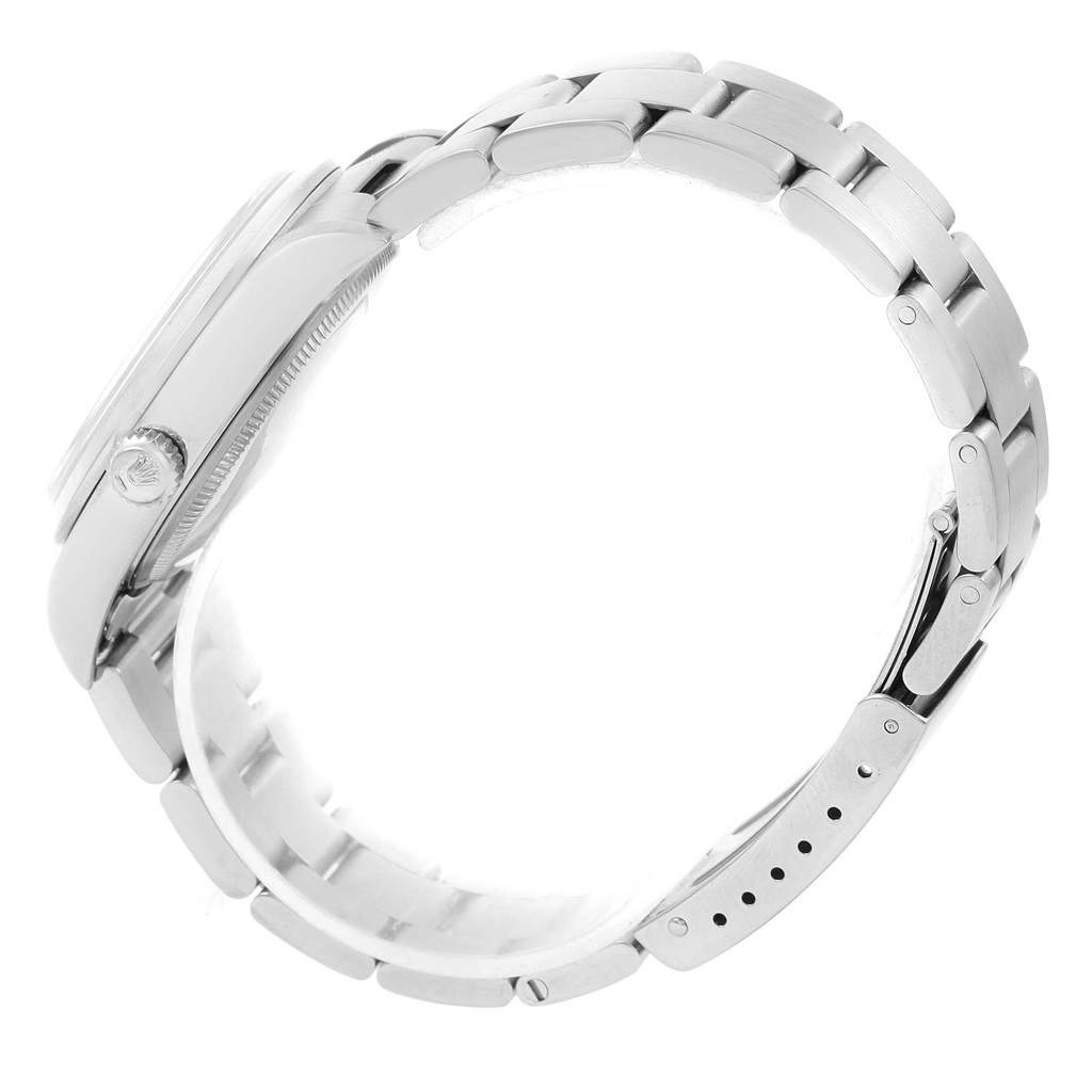 The image shows the side view of the Rolex Air-King 14000 Men's Stainless Steel Black Dial 14000 Men's Stainless Steel Black Dial watch, highlighting its crown and bracelet with the clasp partially opened.