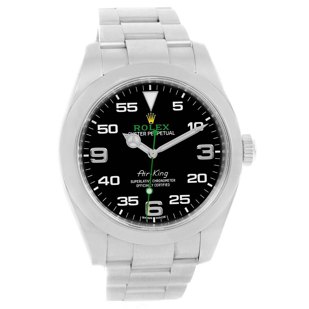 The image shows a front view of a Rolex Air-King 116900 Men's Stainless Steel Black Dial 116900 Men's Stainless Steel Black Dial watch displaying the dial, bezel, and part of the bracelet.