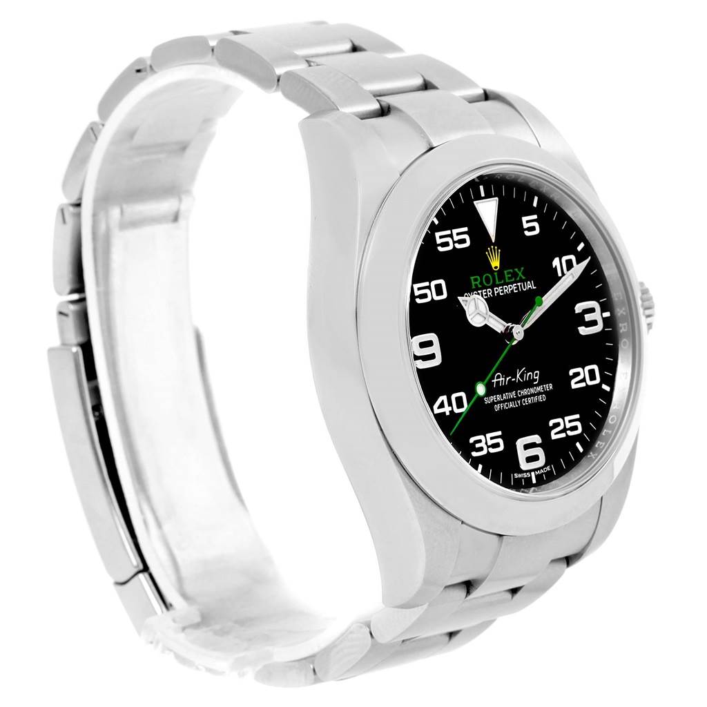 The image shows a side angle of a Rolex Air-King 116900 Men's Stainless Steel Black Dial 116900 Men's Stainless Steel Black Dial watch, featuring its black dial, stainless steel case, and bracelet.
