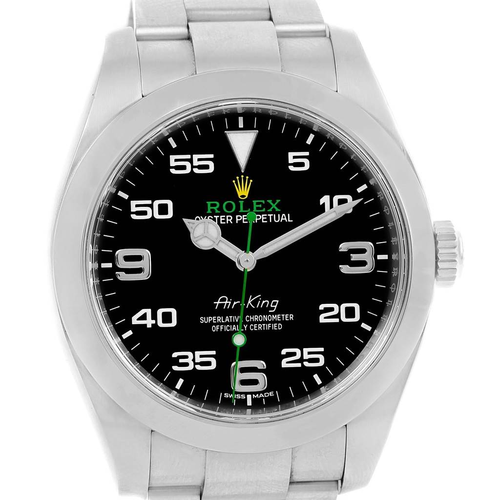 The image shows a front view of the Rolex Air-King 116900 Men's Stainless Steel Black Dial 116900 Men's Stainless Steel Black Dial watch, highlighting its black dial, silver hour markers, and metal bracelet.