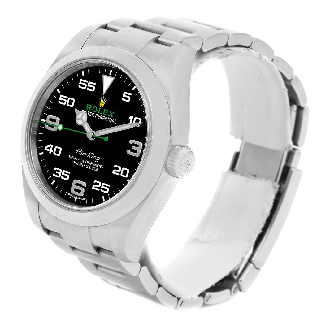 The image shows a Rolex Air-King 116900 Men's Stainless Steel Black Dial 116900 Men's Stainless Steel Black Dial watch from a front-right angle, including the dial, crown, and bracelet.