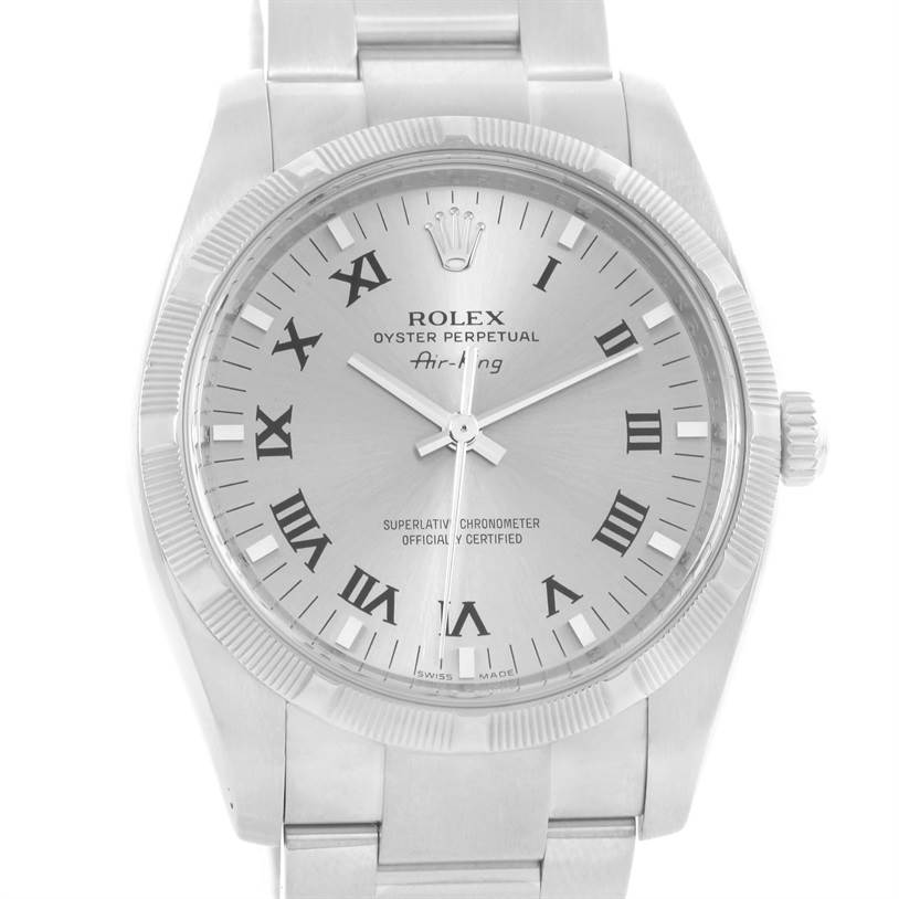 The image shows a front view of a Rolex Air-King 114210 Men's Stainless Steel Silver Dial 114210 Men's Stainless Steel Silver Dial watch, highlighting the dial, bezel, and part of the bracelet.