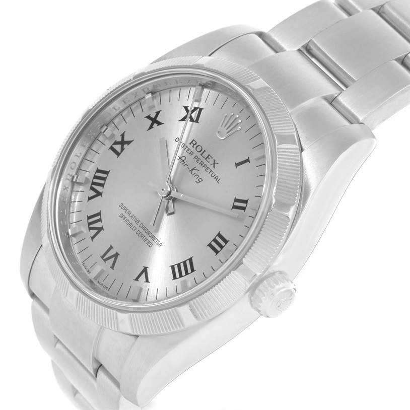 This photo of the Rolex Air-King 114210 Men's Stainless Steel Silver Dial 114210 Men's Stainless Steel Silver Dial watch shows a close-up angled view, highlighting the dial, crown, and part of the bracelet.