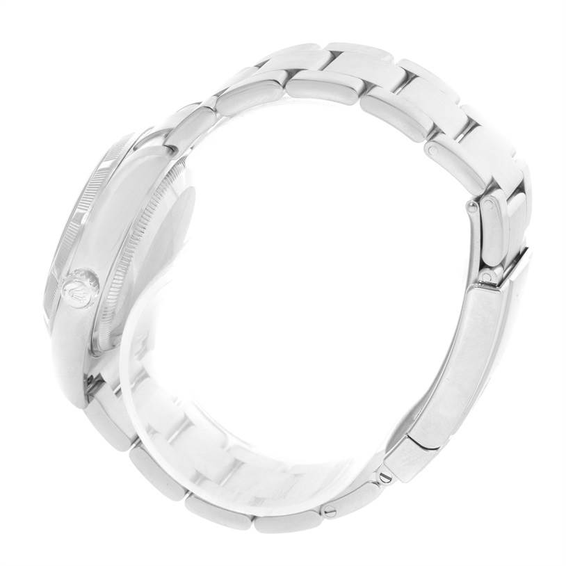 The image shows a side profile of the Rolex Air-King 114210 Men's Stainless Steel Silver Dial 114210 Men's Stainless Steel Silver Dial watch, focusing on the bracelet and case side.