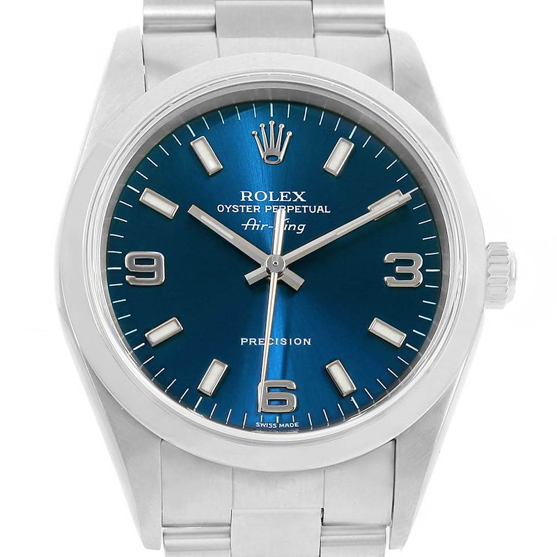 This image shows a frontal view of a Rolex Air-King watch, highlighting its blue dial, silver hour markers, and stainless steel bracelet.