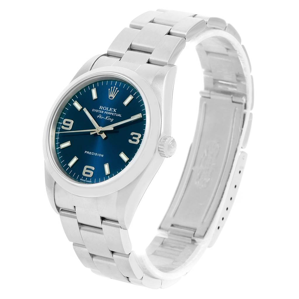 This image shows a Rolex Air-King 14000 Men's Stainless Steel Blue Dial 14000 Men's Stainless Steel Blue Dial watch at a front angled view, highlighting its blue dial, silver case, and metallic bracelet.