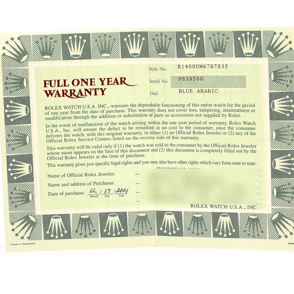 The image shows a warranty certificate for a Rolex Air-King 14000 Men's Stainless Steel Blue Dial 14000 Men's Stainless Steel Blue Dial watch, detailing warranty terms, model, serial number, and purchase date.