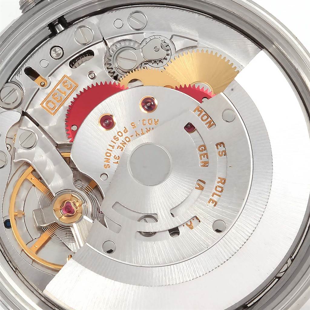 The image shows the internal mechanism of a Rolex Air-King 14000 Men's Stainless Steel Blue Dial 14000 Men's Stainless Steel Blue Dial watch from a close-up, top-down angle.