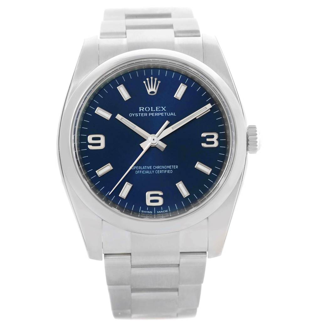 The image shows a front view of the Rolex Air-King 114200 Men's Stainless Steel Blue Dial 114200 Men's Stainless Steel Blue Dial watch, highlighting its dial, bracelet, case, and crown.