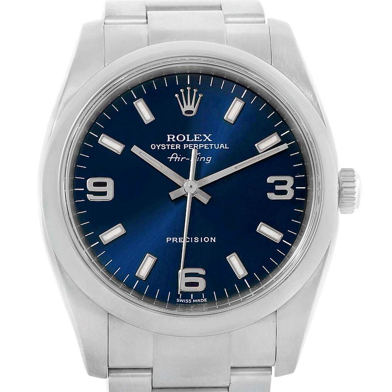 The image shows a frontal view of a Rolex Air-King watch, highlighting the dial, hour markers, hands, crown, and part of the bracelet.