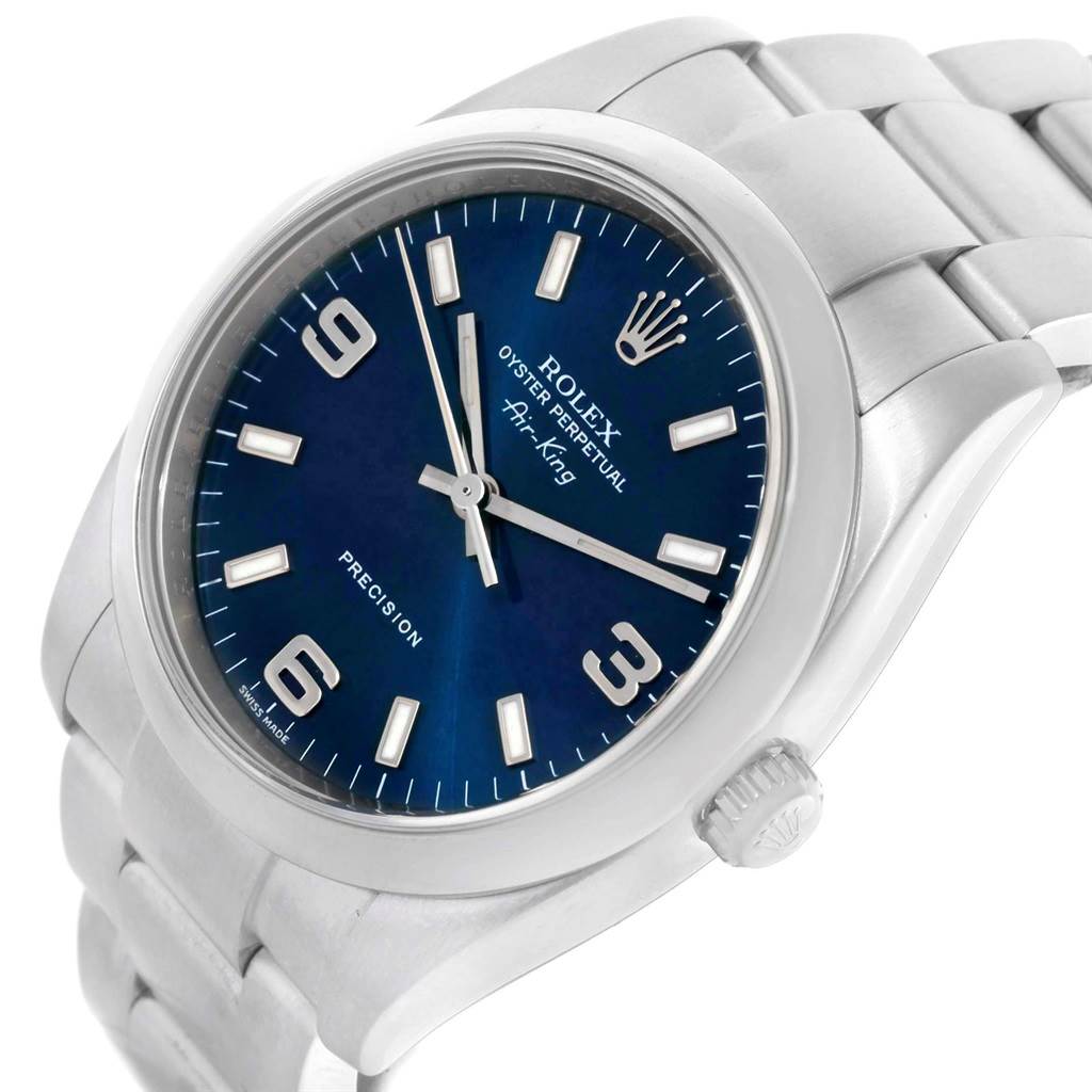 The image shows a Rolex Air-King 114200 Men's Stainless Steel Blue Dial 114200 Men's Stainless Steel Blue Dial watch at a slight angle, displaying the dial, crown, and part of the bracelet.