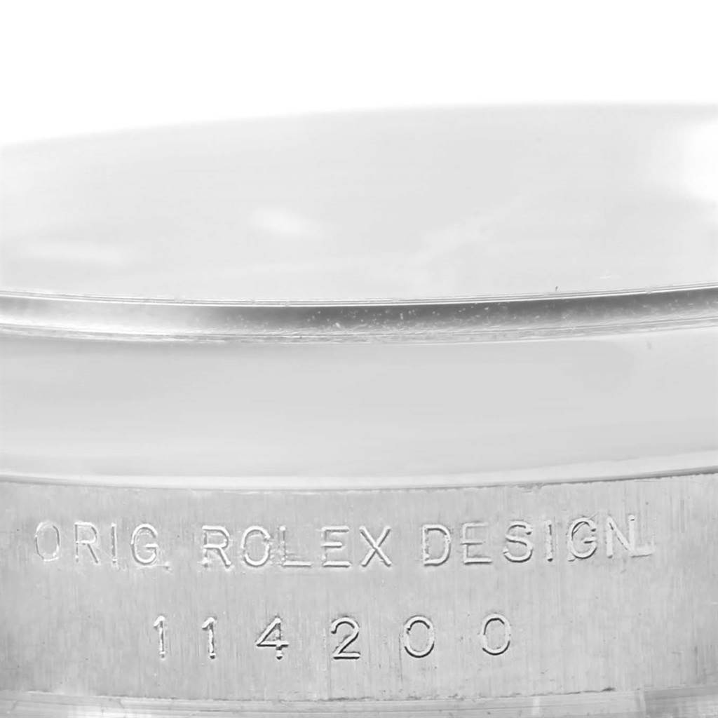 This image shows a close-up of the case back of a Rolex Air-King 114200 Men's Stainless Steel Blue Dial 114200 Men's Stainless Steel Blue Dial watch, revealing its model number 114200.