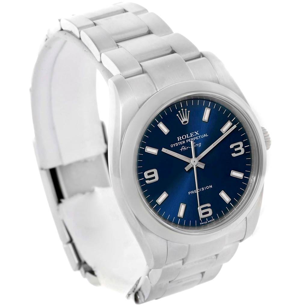 This image shows a Rolex Air-King 114200 Men's Stainless Steel Blue Dial 114200 Men's Stainless Steel Blue Dial watch at a slight angle, focusing on the face, case, and bracelet.