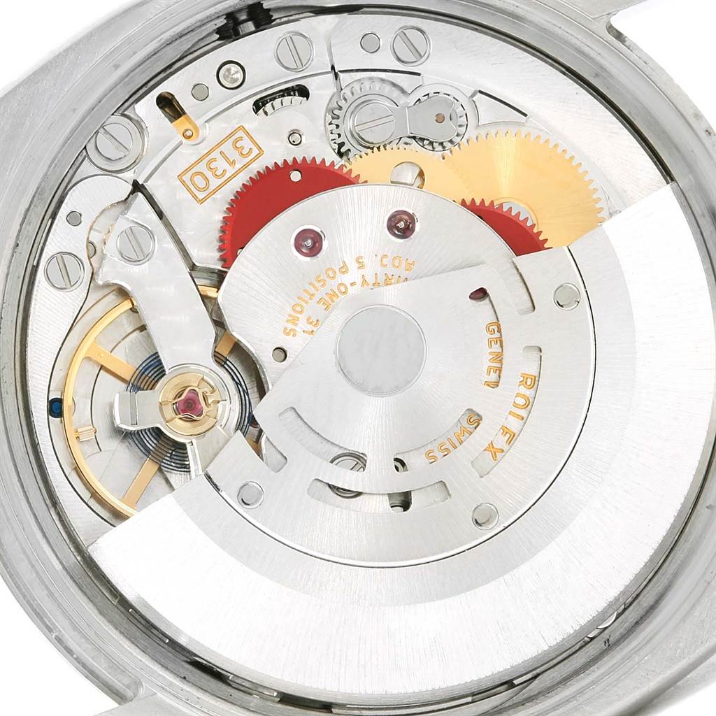 The image shows the internal mechanism, or movement, of the Rolex Air-King 114200 Men's Stainless Steel Blue Dial 114200 Men's Stainless Steel Blue Dial watch from a top-down angle.