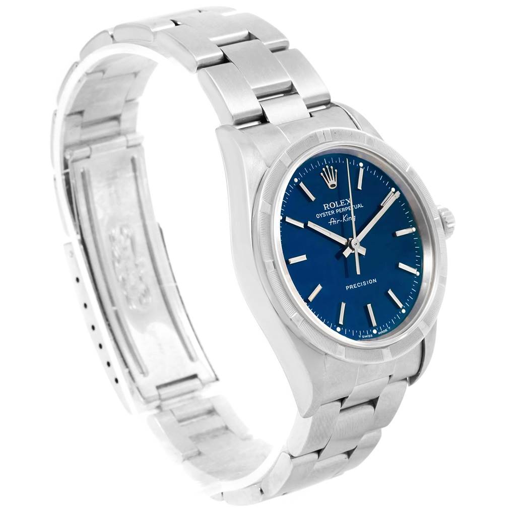 The image shows a side view of the Rolex Air-King 14010 Men's Stainless Steel Blue Dial 14010 Men's Stainless Steel Blue Dial watch, displaying its face, dial, bracelet, and partially opened clasp.