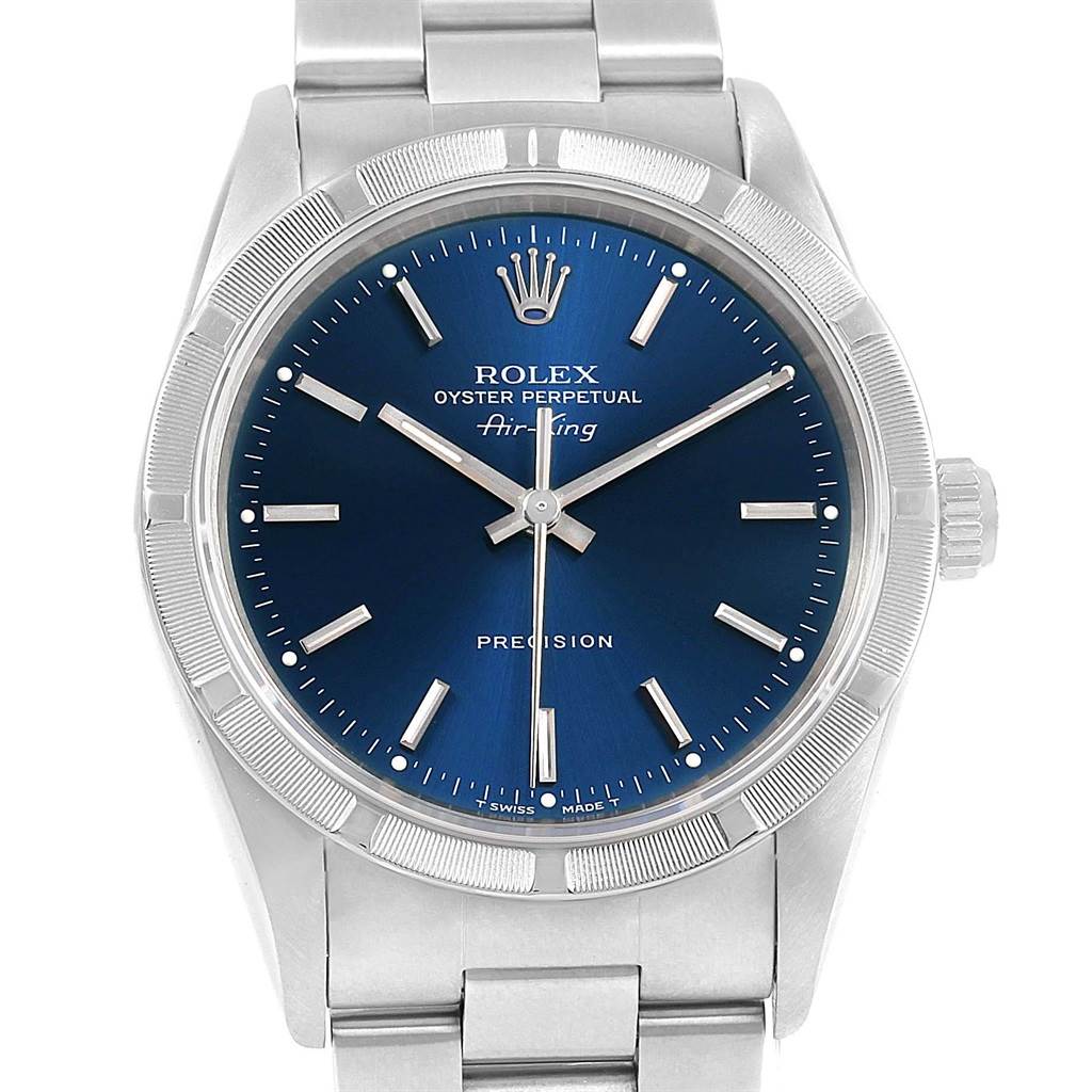 The image shows a front view of a Rolex Air-King 14010 Men's Stainless Steel Blue Dial 14010 Men's Stainless Steel Blue Dial watch, highlighting its blue dial and silver bracelet.