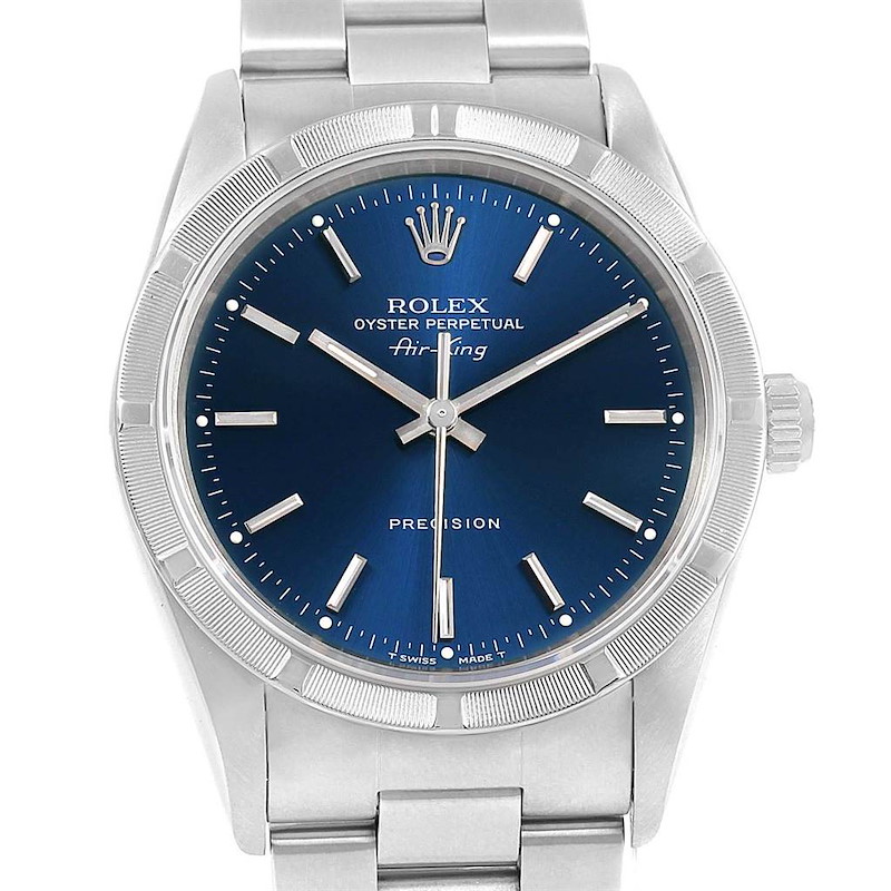 The image shows a front view of a Rolex Air-King watch, highlighting its blue dial and silver bracelet.