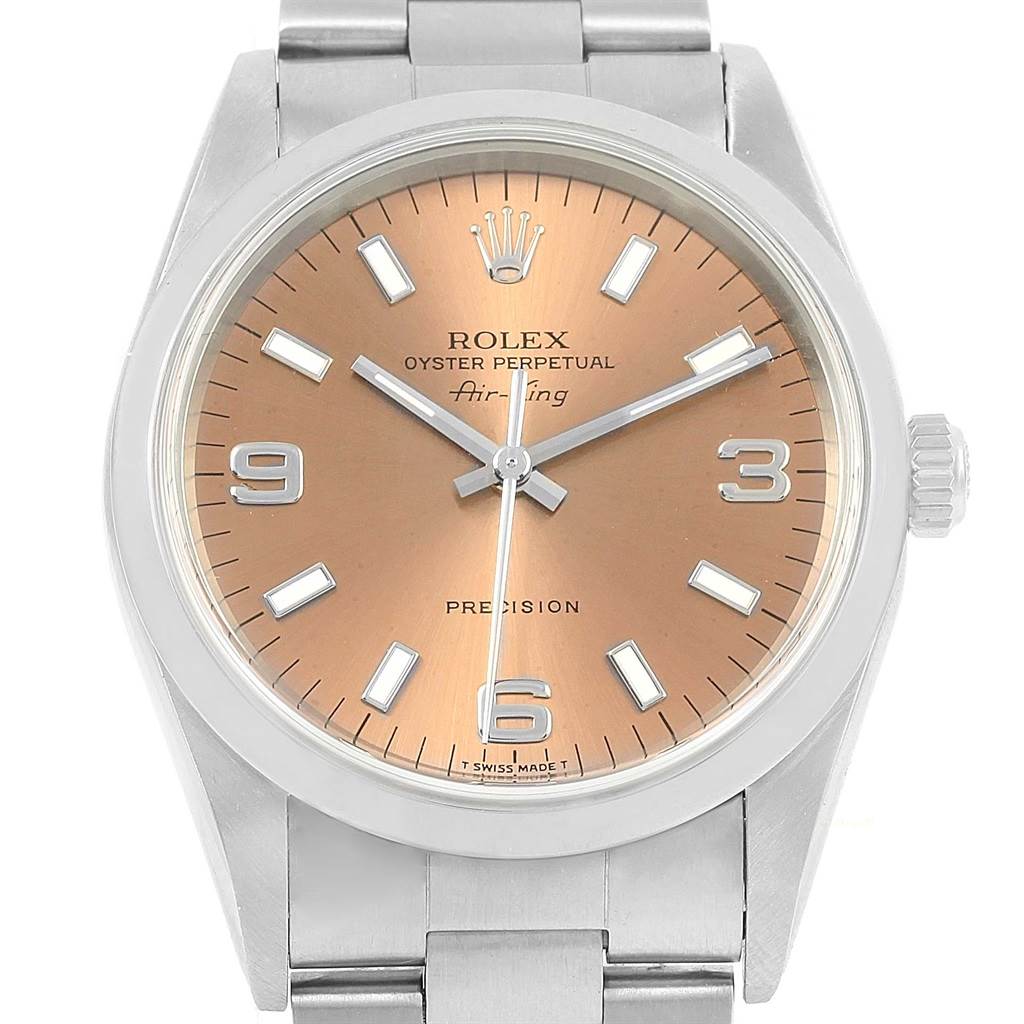 The image shows a close-up view of the Rolex Air-King 14000 Men's Stainless Steel Pink Dial 14000 Men's Stainless Steel Pink Dial watch face, displaying the dial, markers, hands, and part of the bracelet.