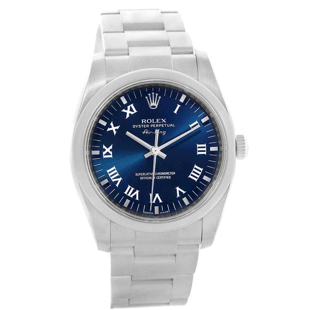 This image shows a front view of a Rolex Air-King 114200 Men's Stainless Steel Blue Dial 114200 Men's Stainless Steel Blue Dial watch with a blue dial and silver bracelet.