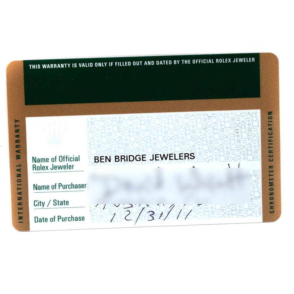 This image shows the warranty card for the Rolex Air-King 114200 Men's Stainless Steel Blue Dial 114200 Men's Stainless Steel Blue Dial watch model, highlighting the date of purchase, official jeweler, and purchaser details.