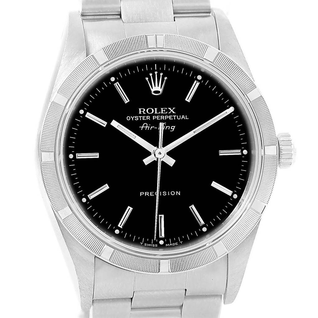 The image shows a front view of the Rolex Air-King 14010 Men's Stainless Steel Black Dial 14010 Men's Stainless Steel Black Dial watch, highlighting its black dial, silver indices, and stainless steel bracelet.