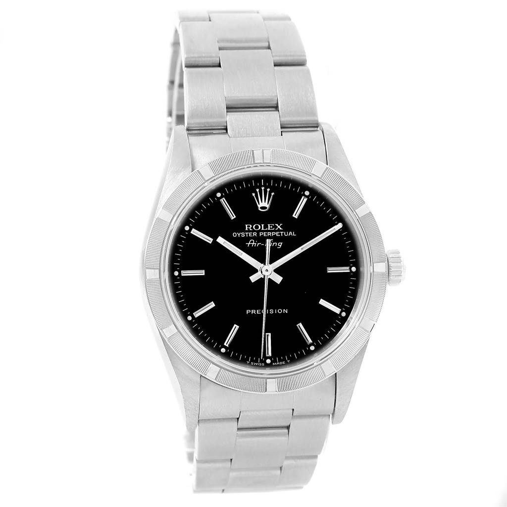 The image shows a front view of the Rolex Air-King 14010 Men's Stainless Steel Black Dial 14010 Men's Stainless Steel Black Dial watch, displaying the face, bezel, crown, and bracelet.