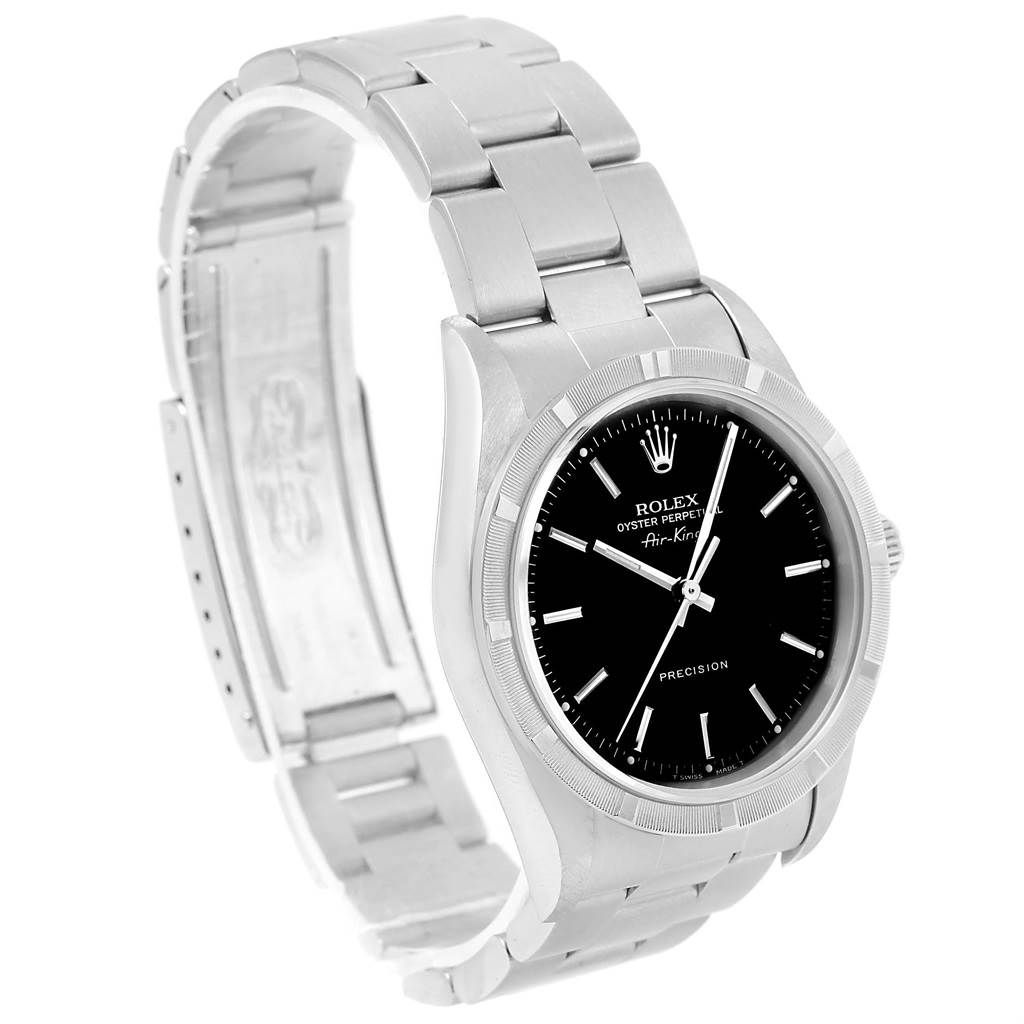 The Rolex Air-King 14010 Men's Stainless Steel Black Dial 14010 Men's Stainless Steel Black Dial watch is shown at an angle highlighting its black dial, stainless steel case, and bracelet.