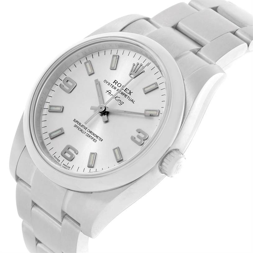The image shows a Rolex Air-King 114200 Men's Stainless Steel Silver Dial 114200 Men's Stainless Steel Silver Dial watch at a front angle, highlighting its face, bezel, and part of the bracelet.