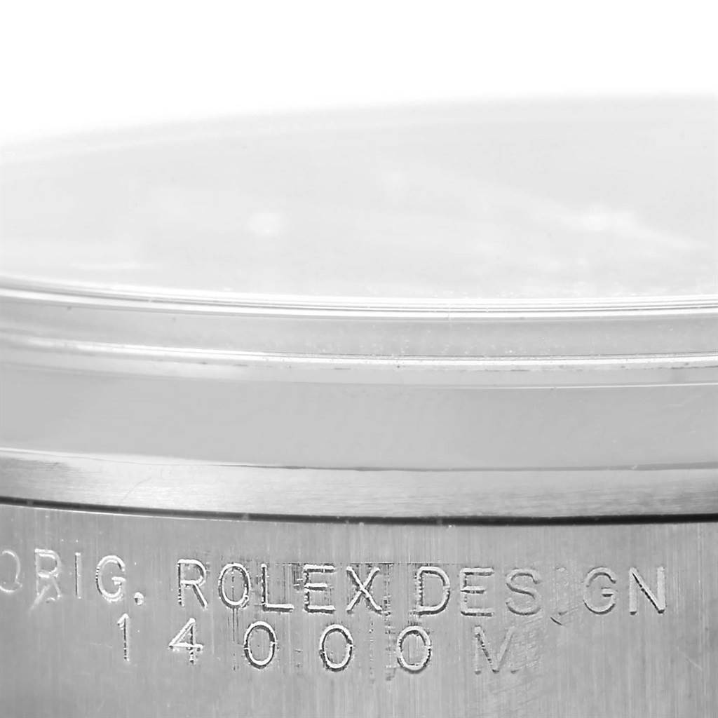 The image shows a close-up of the side of a Rolex Air-King 14000 Men's Stainless Steel Black Dial 14000 Men's Stainless Steel Black Dial watch, highlighting the engraved model number "14000" and "ROLEX DESIGN".