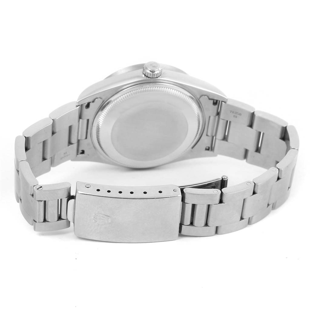 This image shows the back view of the Rolex Air-King 14010 Men's Stainless Steel Silver Dial 14010 Men's Stainless Steel Silver Dial watch, highlighting the case back and bracelet clasp.