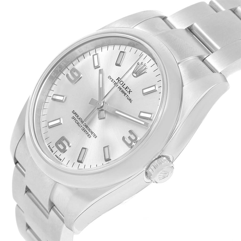 The image shows a Rolex Air-King 114200 Men's Stainless Steel Silver Dial 114200 Men's Stainless Steel Silver Dial watch at a slight side angle, highlighting the dial, crown, and bracelet.