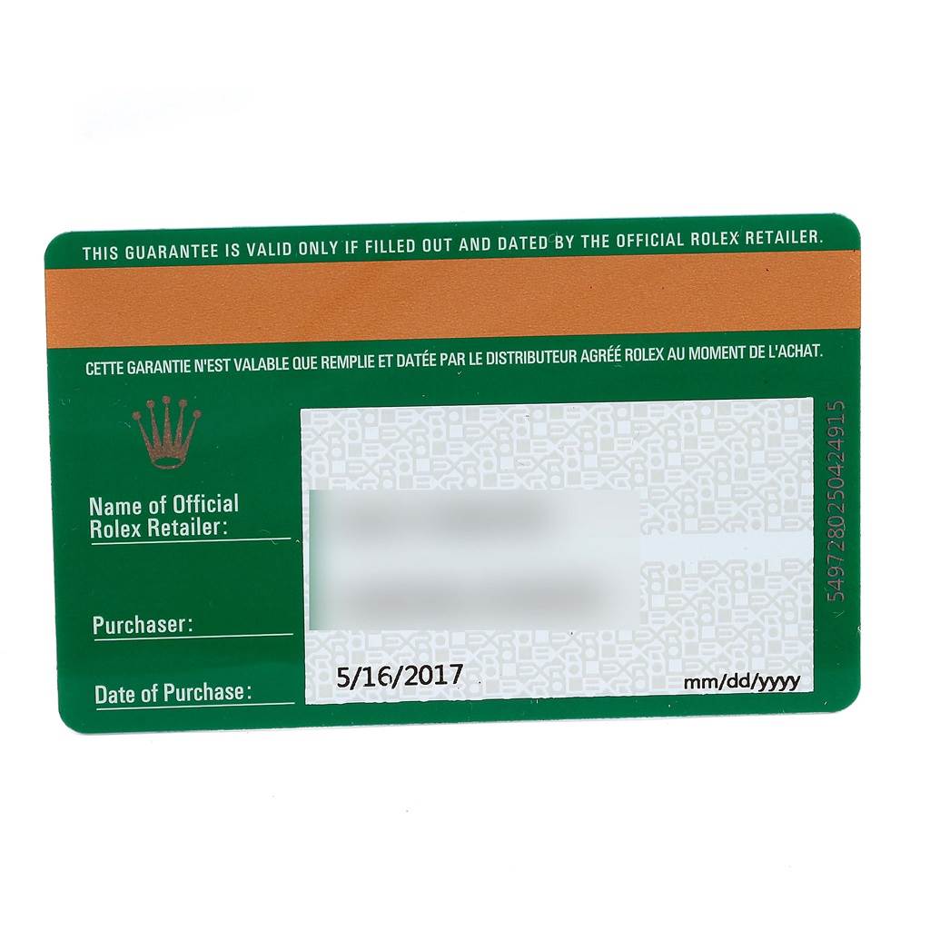 This image shows the guarantee card for a Rolex Air-King 114200 Men's Stainless Steel Silver Dial 114200 Men's Stainless Steel Silver Dial watch.