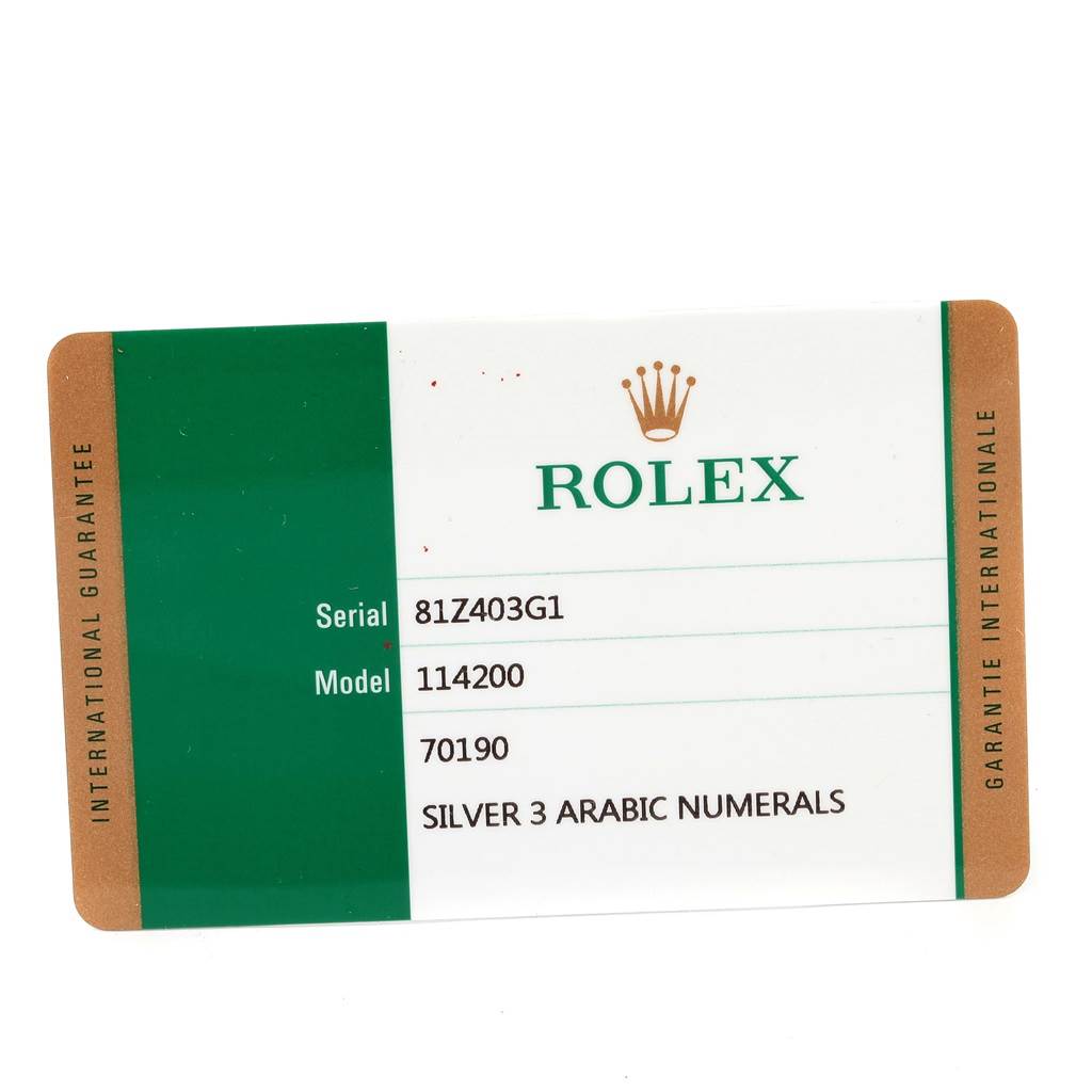 This image shows a Rolex international guarantee card for the Air-King model 114200 with serial number 81Z403G1.