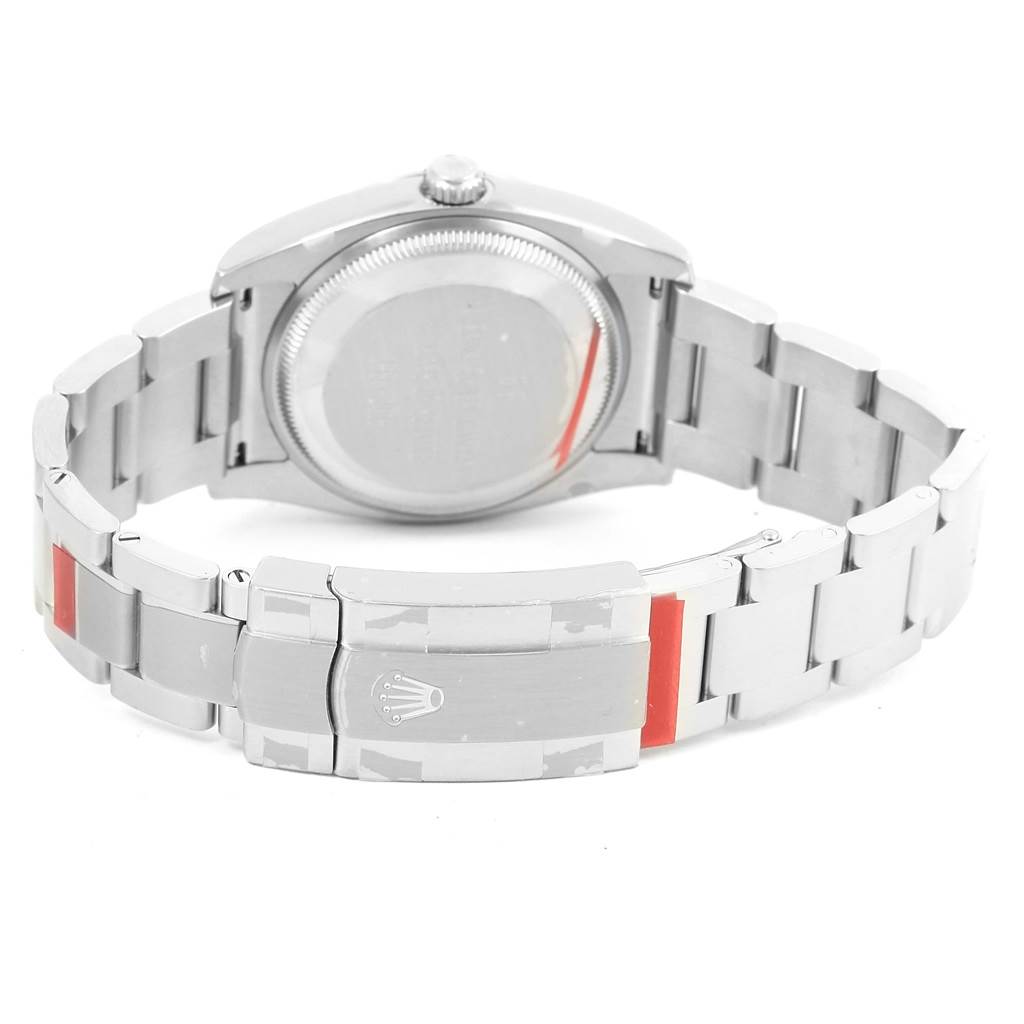 This image shows the back view of the Rolex Air-King 114200 Men's Stainless Steel Green Dial 114200 Men's Stainless Steel Green Dial watch, highlighting the bracelet and clasp.