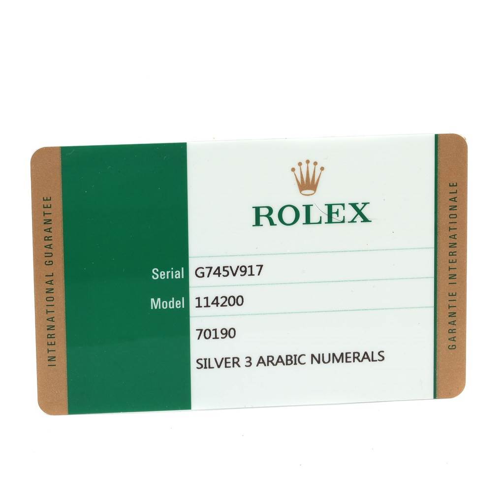 This shows the warranty card for the Rolex Air-King 114200 Stainless Steel Silver Dial 114200 Stainless Steel Silver Dial model, featuring its serial number and model number.