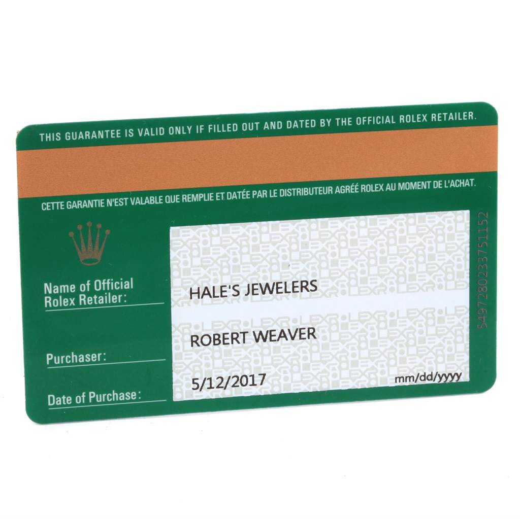 The image shows the warranty card for a Rolex Air-King 114200 Stainless Steel Silver Dial 114200 Stainless Steel Silver Dial watch, displaying retailer, purchaser, and purchase date details.