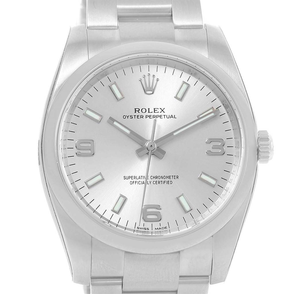 This image shows a front view of the Rolex Air-King 114200 Stainless Steel Silver Dial 114200 Stainless Steel Silver Dial watch, highlighting the dial, bezel, and bracelet.