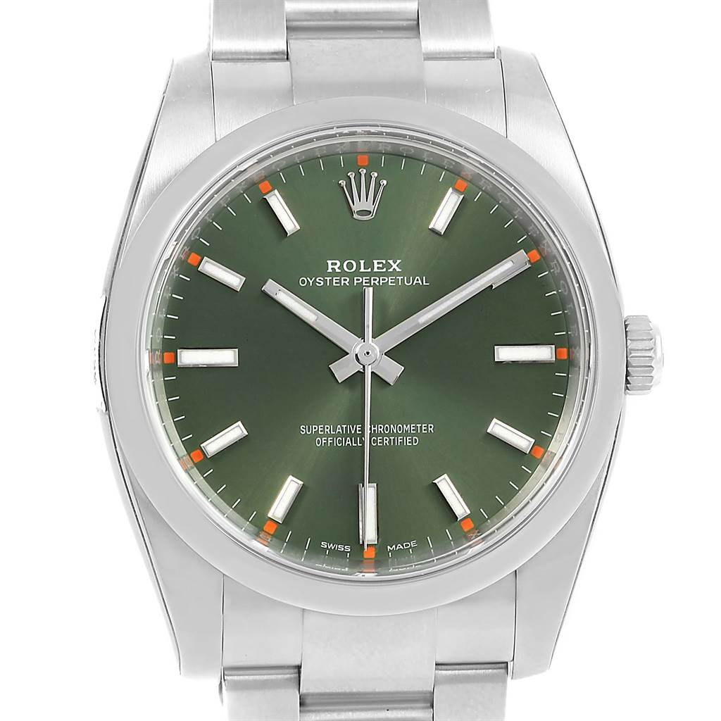The image shows a Rolex Air-King 114200 Men's Stainless Steel Green Dial 114200 Men's Stainless Steel Green Dial watch head-on, displaying the dial, bezel, and part of the bracelet.