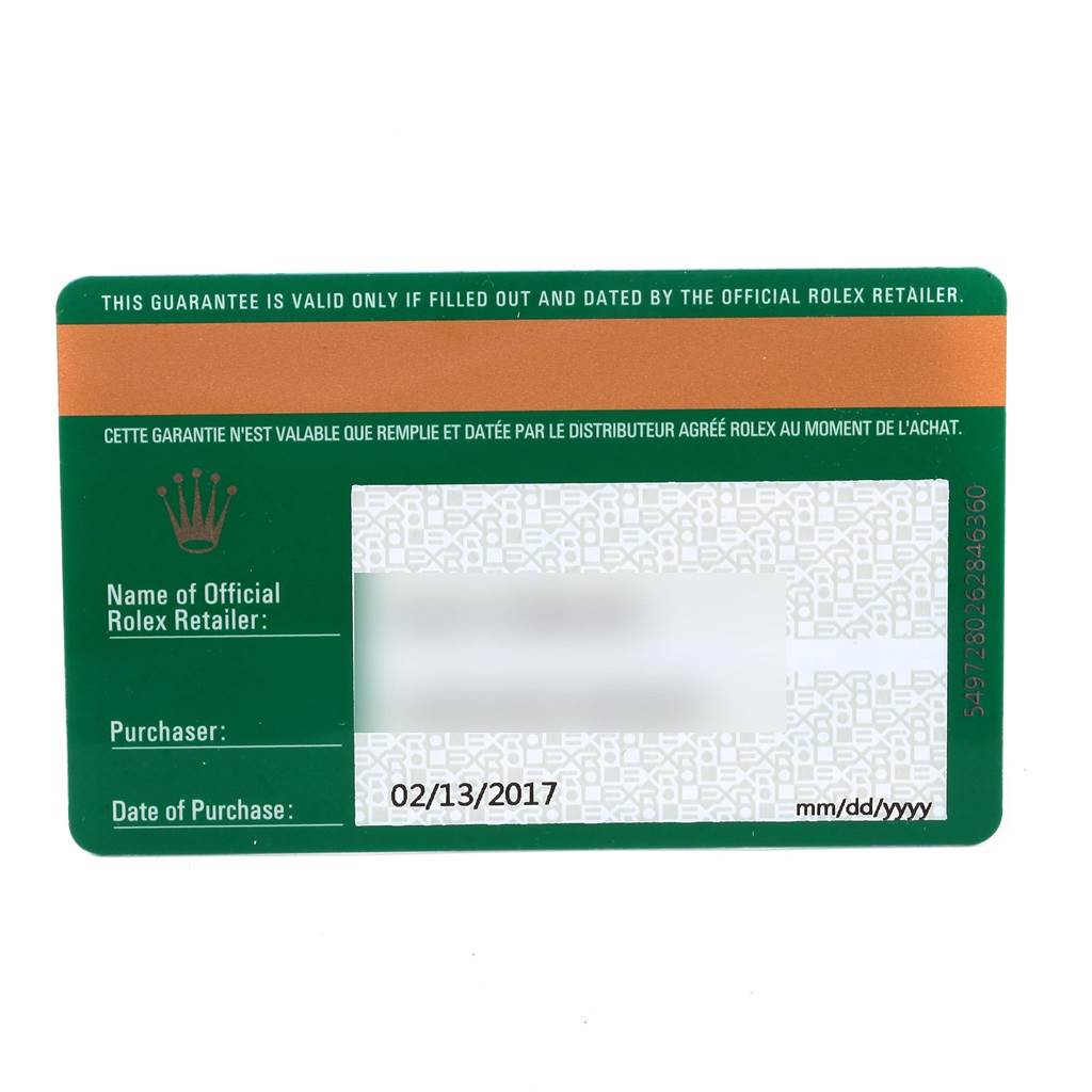 This image shows the warranty card for a Rolex Air-King 114200 Men's Stainless Steel Green Dial 114200 Men's Stainless Steel Green Dial watch.