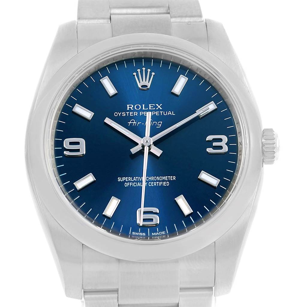 This is a front view of the Rolex Air-King 114200 Men's Stainless Steel Blue Dial 114200 Men's Stainless Steel Blue Dial watch, showing the dial, hour markers, hands, and crown.