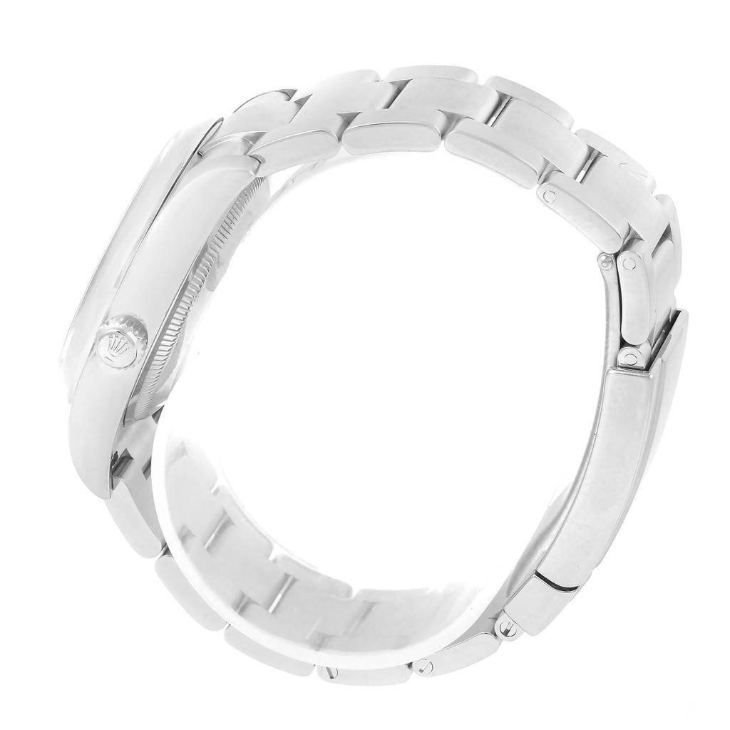 The image shows the side view of a Rolex Air-King 114200 Men's Stainless Steel Blue Dial 114200 Men's Stainless Steel Blue Dial watch focusing on its link bracelet and case.