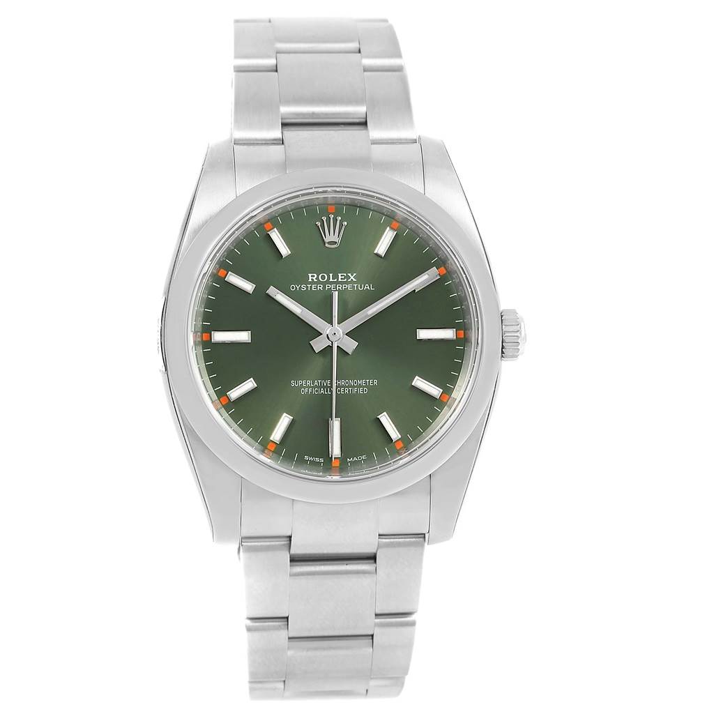 The Rolex Air-King 114200 Men's Stainless Steel Green Dial 114200 Men's Stainless Steel Green Dial watch is shown from a front angle, displaying its green dial, hands, hour markers, and metal bracelet.