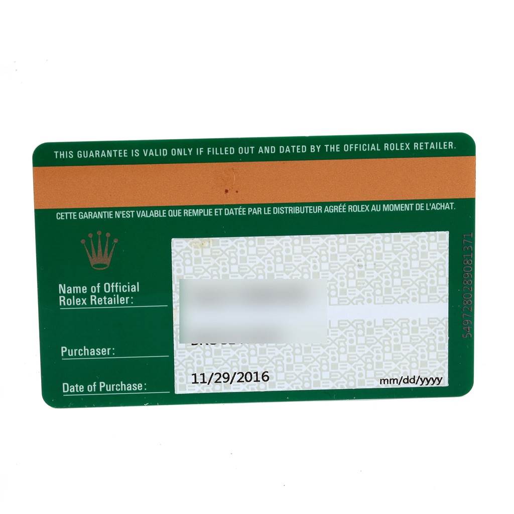 The image shows the warranty card for the Rolex Air-King 114200 Men's Stainless Steel Green Dial 114200 Men's Stainless Steel Green Dial watch, displaying purchase information and retailer details.