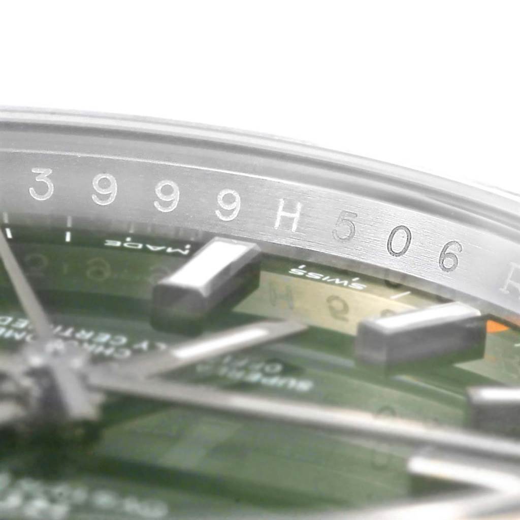 This close-up angle displays the partial dial, indices, and part of the serial number of the Rolex Air-King 114200 Men's Stainless Steel Green Dial 114200 Men's Stainless Steel Green Dial watch.