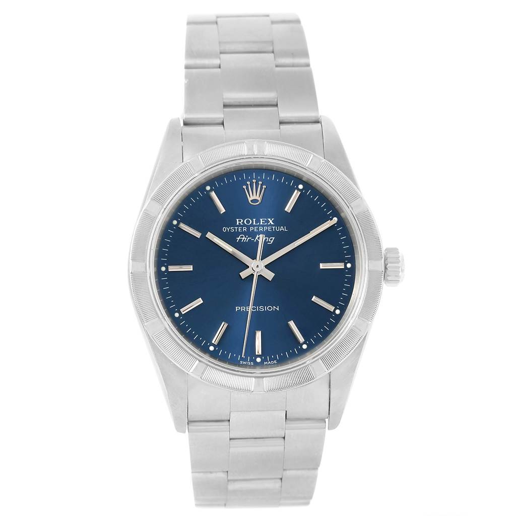 The Rolex Air-King 14010 Men's Stainless Steel Blue Dial 14010 Men's Stainless Steel Blue Dial watch is shown from a top-down angle, displaying the face, bezel, and part of the band.